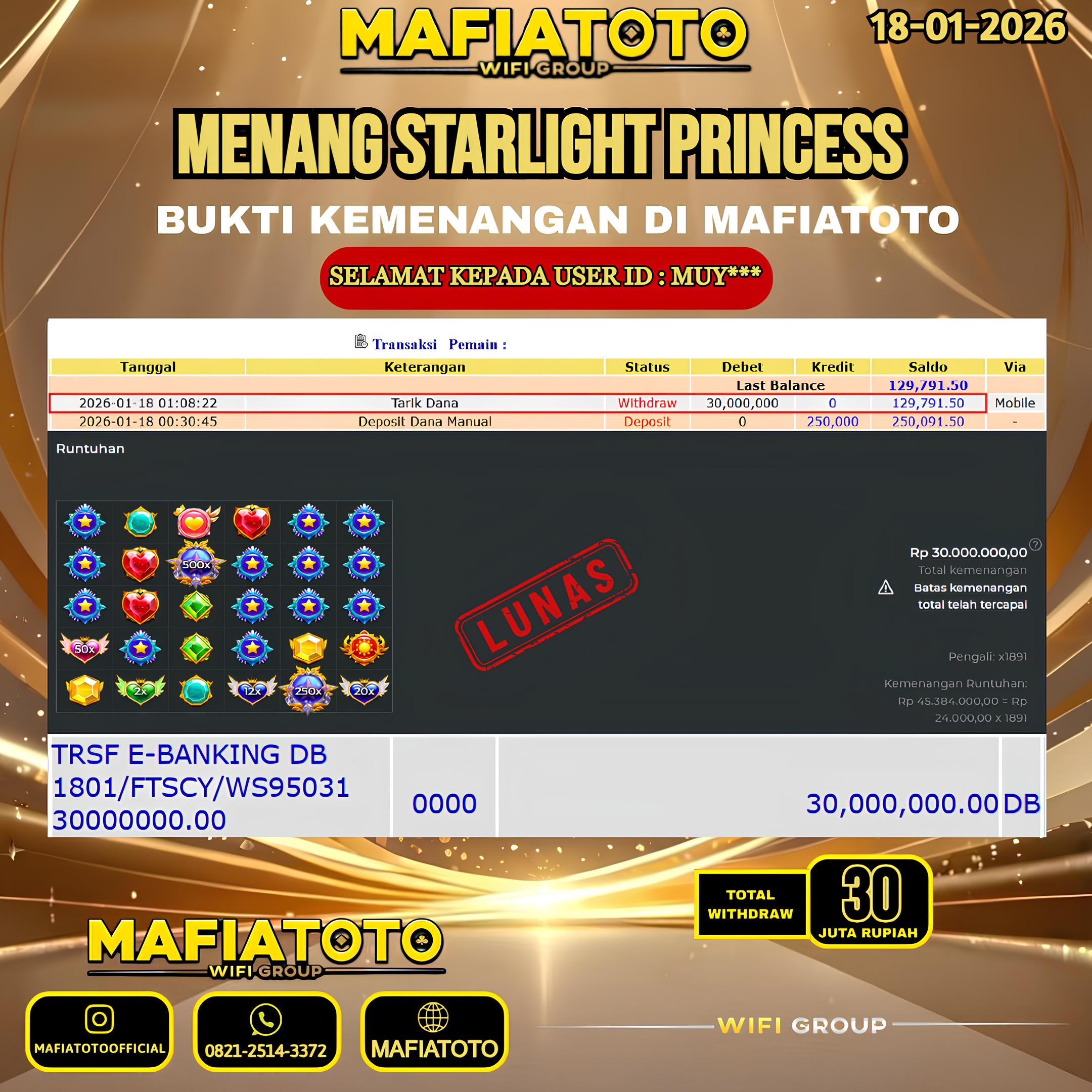 MAFIATOTO JACKPOT SLOT STARLIGHT PRINCESS RP.30.000.000 - LUNAS ID : MUY***