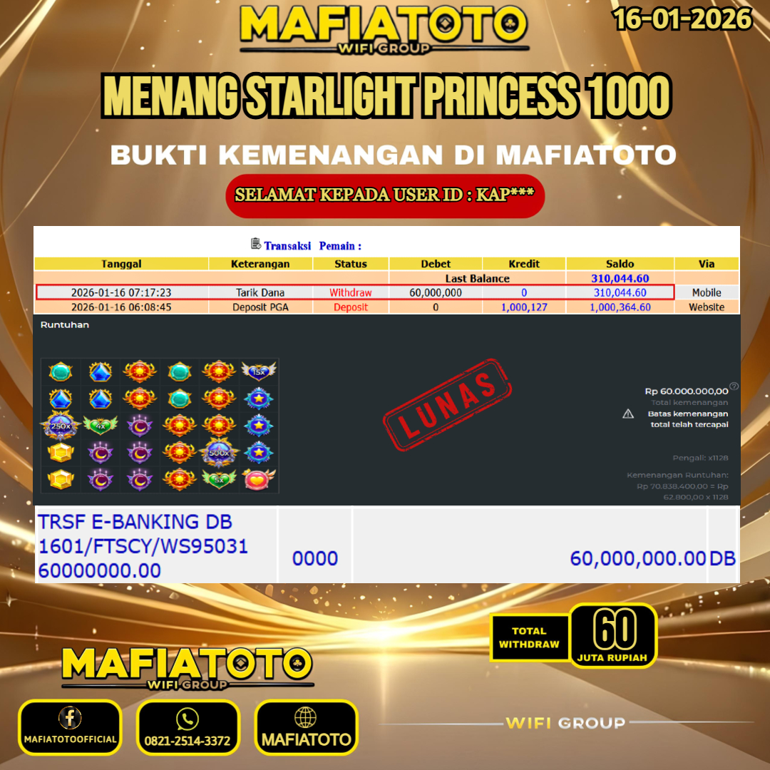 MAFIATOTO JACKPOT SLOT STARLIGHT PRINCESS 1000 RP.60.000.000 - LUNAS ID : KAP***