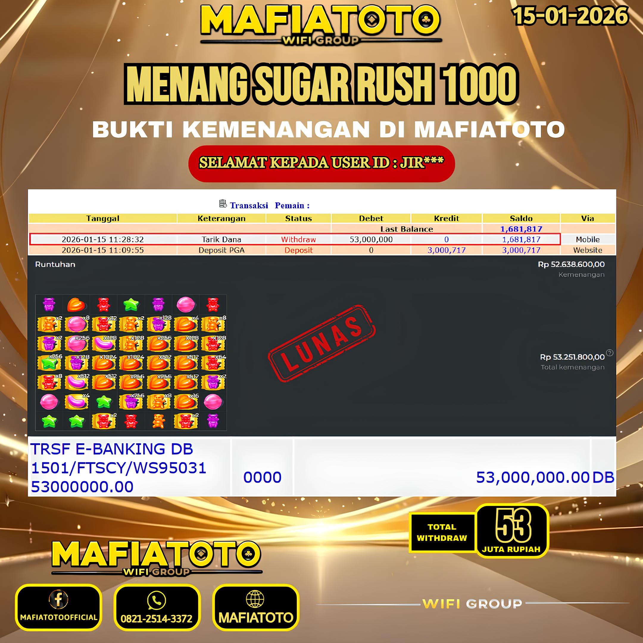 MAFIATOTO JACKPOT SLOT SUGAR RUSH 1000 RP.53.000.000 - LUNAS ID : JIR***