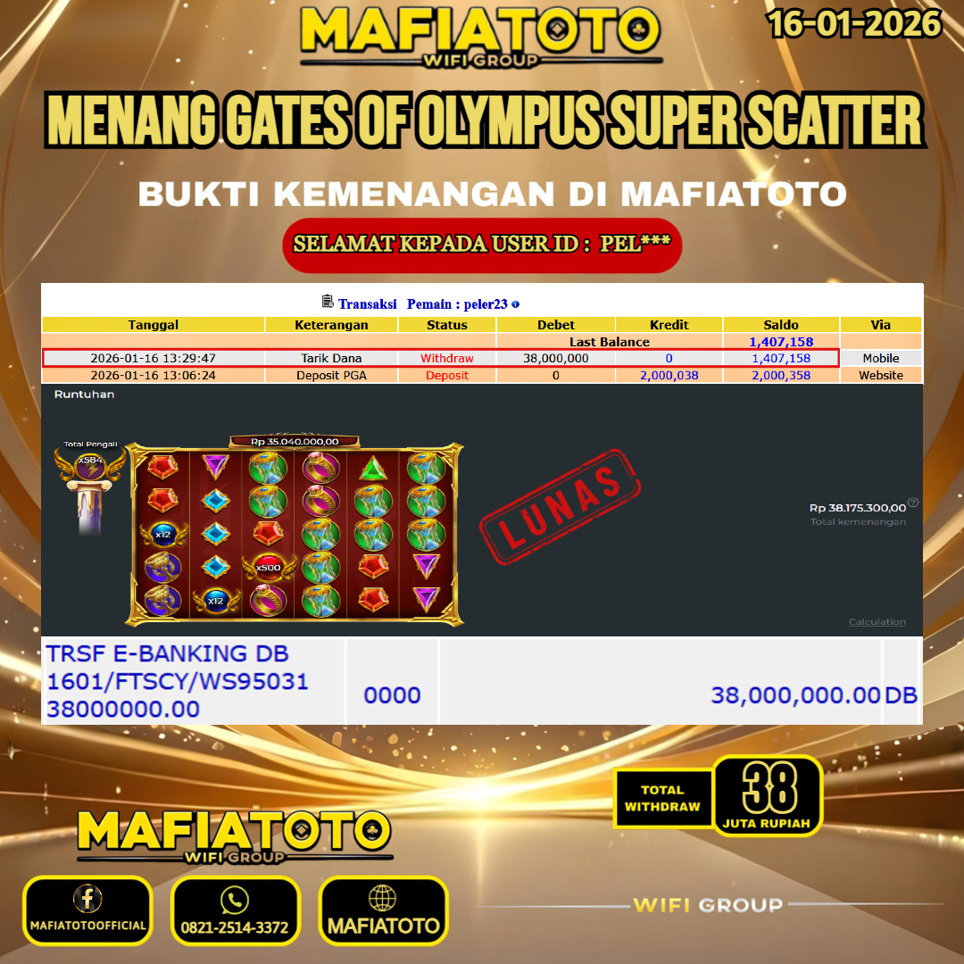 MAFIATOTO JACKPOT SLOT GATES OF OLYMPUS SUPER SCATTER RP.38.000.000 - LUNAS ID : PEL***
