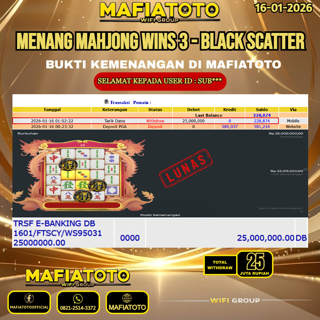 MAFIATOTO JACKPOT SLOT MAHJONG WINS 3 - BLACK SCATTER RP.25.000.000 - LUNAS ID : SUB***