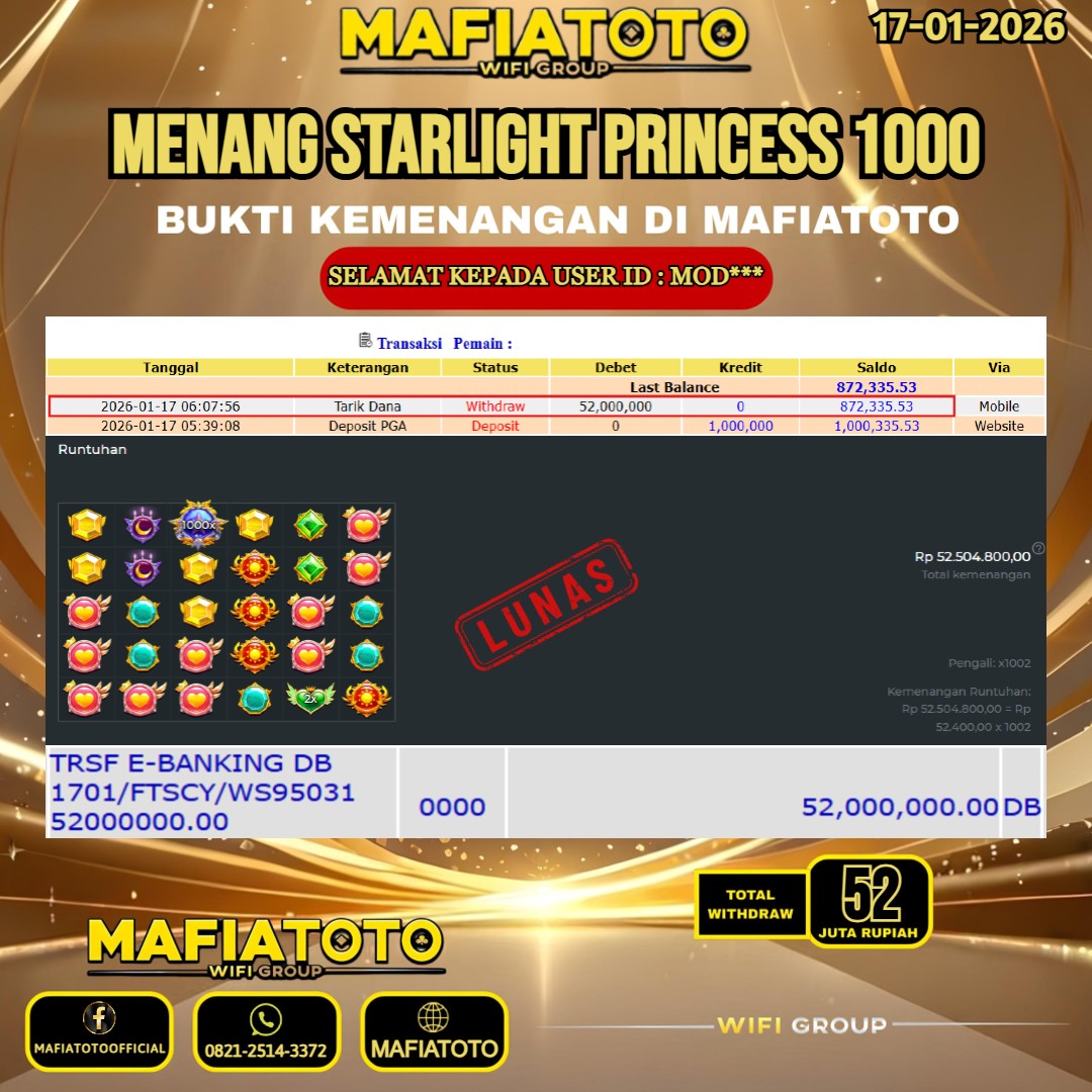 MAFIATOTO JACKPOT SLOT STARLIGHT PRINCESS 1000 RP.52.000.000 - LUNAS ID : MOD***